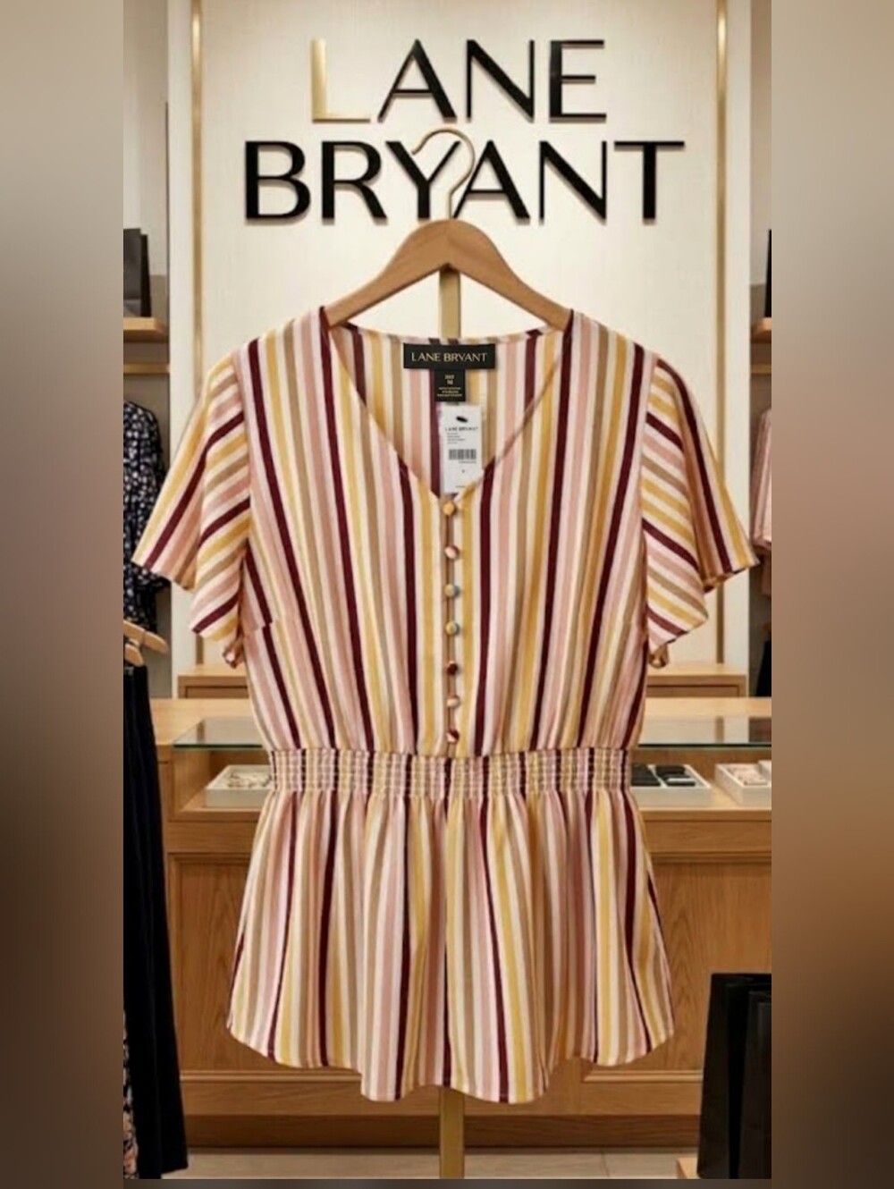 Lane Bryant Striped Smocked-Waist Flutter Sleeve Top | Size 16 | NWT